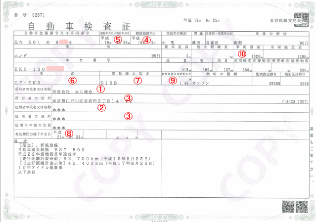 普通車 自動車検査証