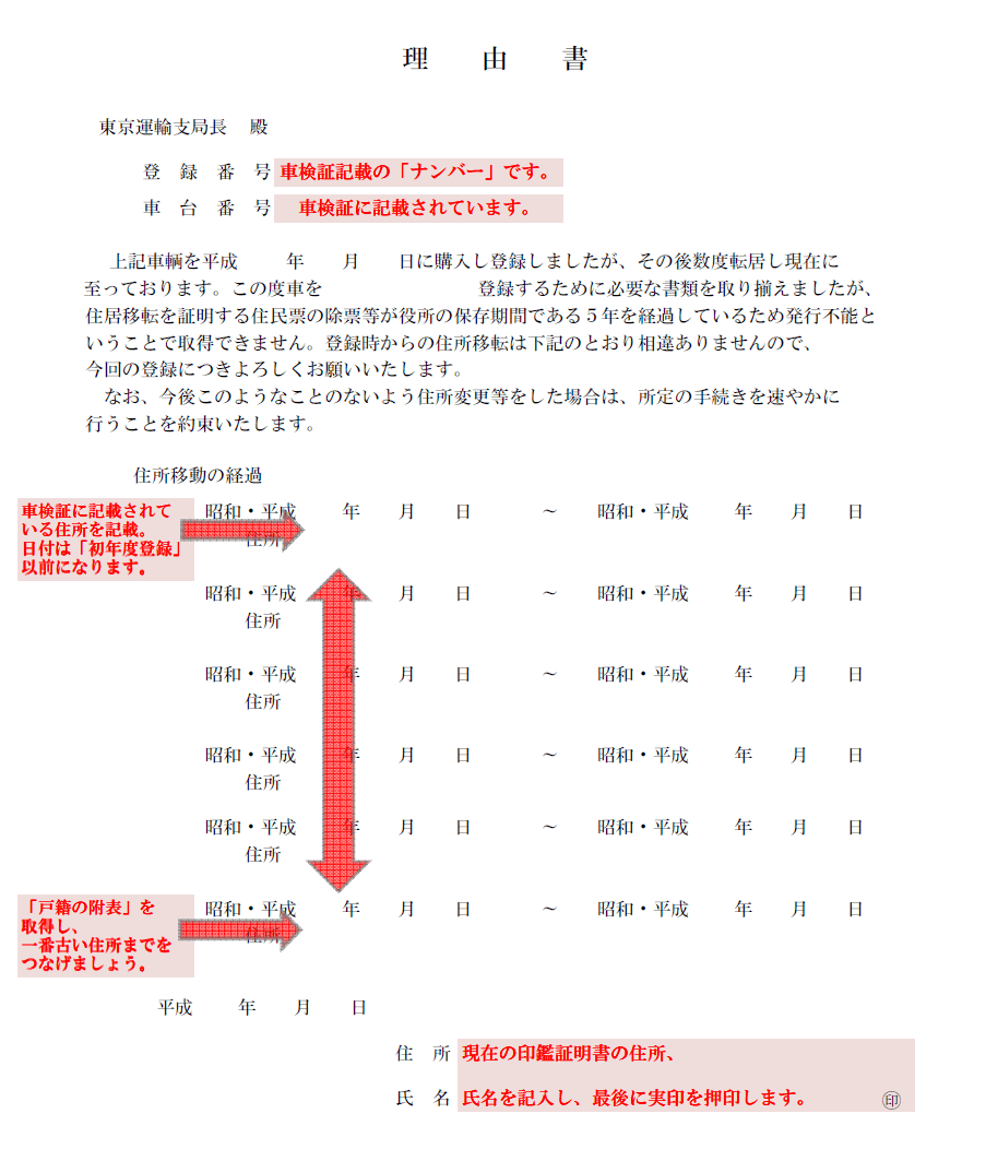 理由書1 印鑑証明書と車検証の住所がつながらない場合 委任状 譲渡証 理由書等 廃車手続きの書類 廃車買取り専門店ならビッグエイト