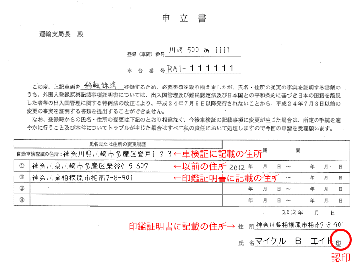 申立書 外国籍の方が複数回引っ越しした場合 委任状 譲渡証 理由書等 廃車手続きの書類 廃車買取り専門店ならビッグエイト