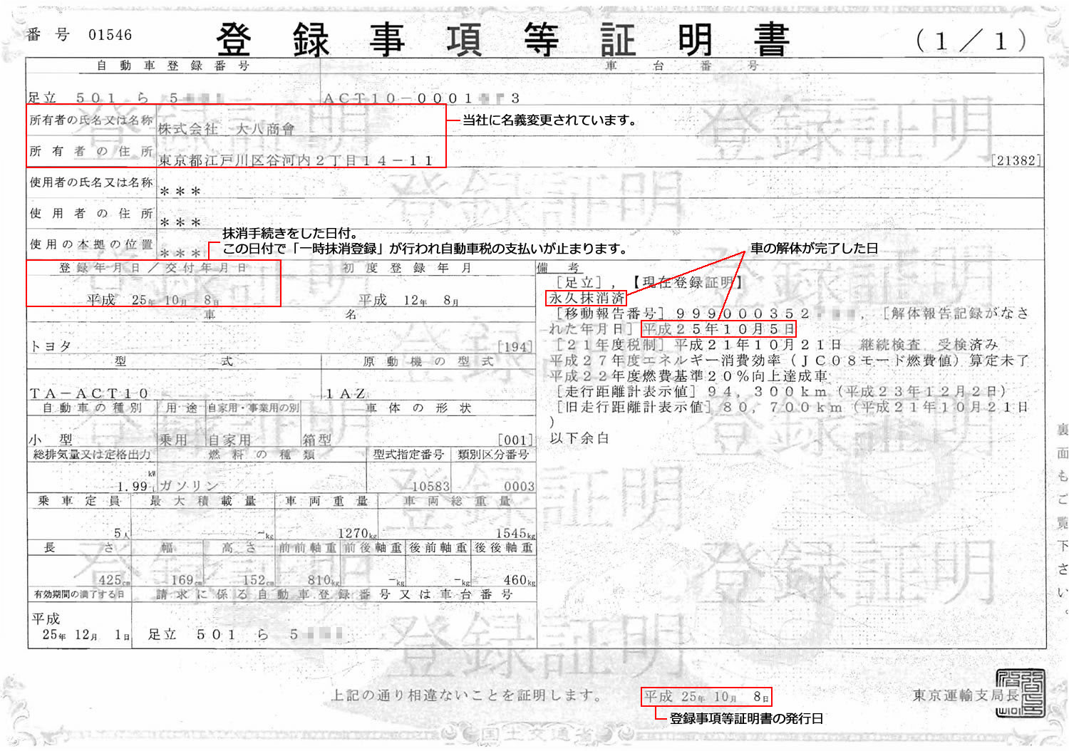 廃車手続きで発行される登録識別情報等通知書と登録事項等証明書 廃車手続きの流れ 廃車買取り専門店ならビッグエイト