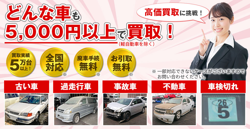 どんな廃車も5,000円以上で買取り、手続き無料、引取無料、全国対応